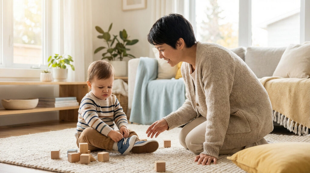 Une mère souriante et son jeune enfant frustré assis sur un tapis avec des blocs en bois dans un salon lumineux.