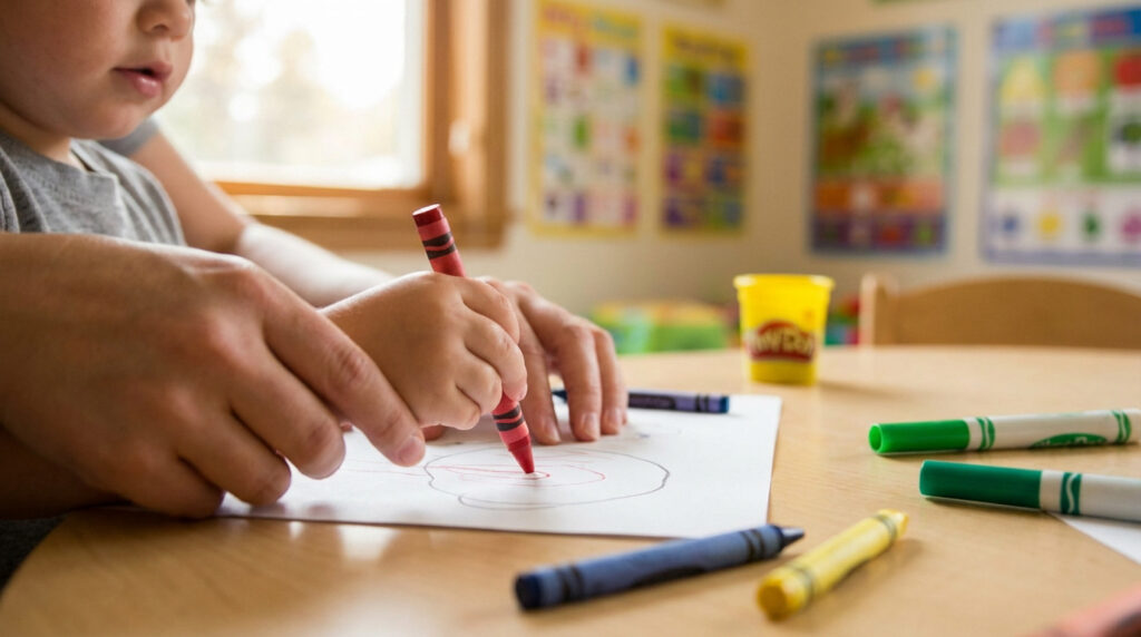 Main d'adulte aidant un enfant à dessiner avec un crayon rouge sur papier. Crayons sur table, affiches floues au mur.