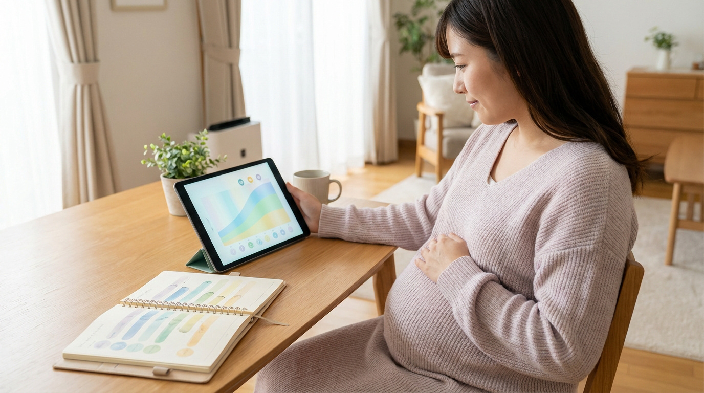 Femme enceinte consultant une tablette affichant un calendrier de grossesse et un carnet. Elle caresse son ventre, assise à table.