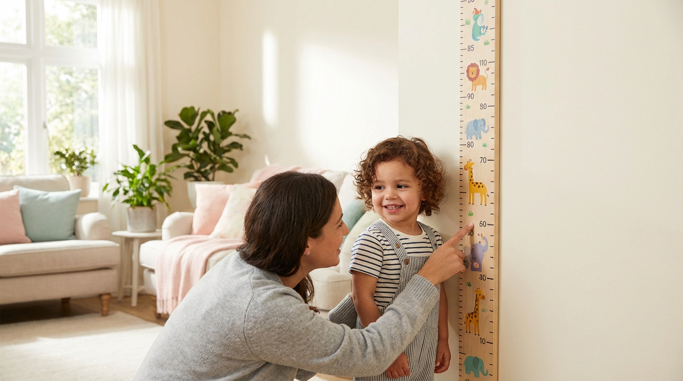 Une mère et son enfant souriant mesurent la taille sur une toise en bois décorée d'animaux dans un salon lumineux.