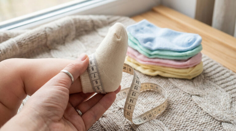 Une main mesure le pied d'un bébé portant une chaussette avec un mètre ruban, près d'une pile de chaussettes colorées.
