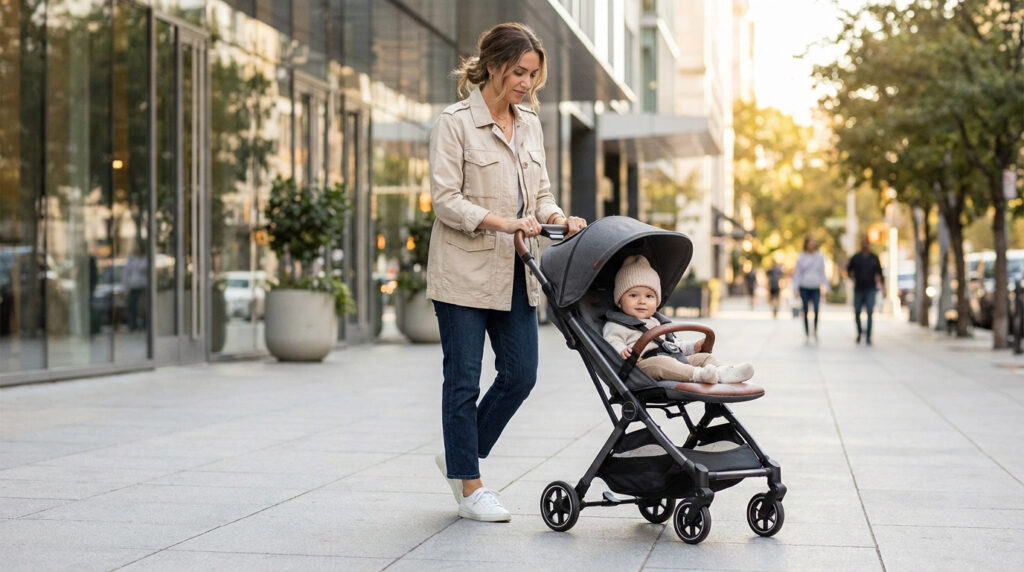 Une femme pousse un bébé souriant dans une poussette YOYO grise sur un trottoir urbain. Le bébé porte un bonnet clair.