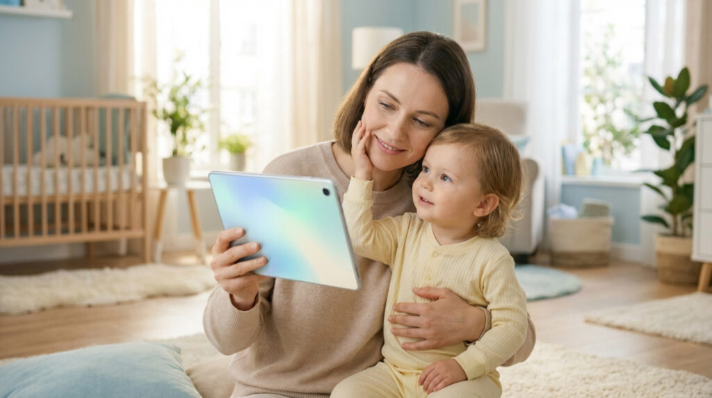 Mère et enfant souriants, assis par terre, regardant une tablette. L'enfant touche affectueusement le visage de sa maman. Cadre lumineux.