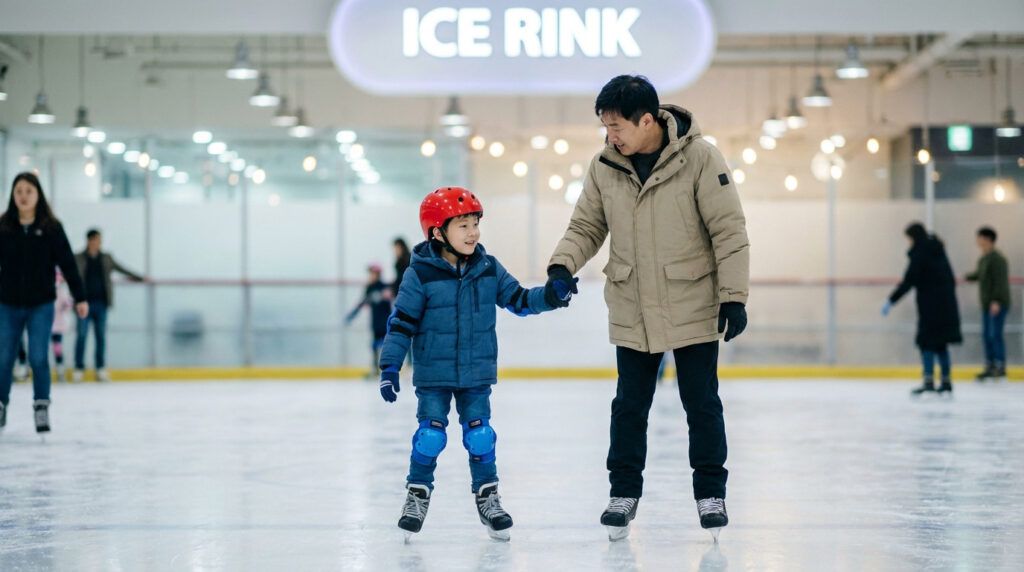 Homme et enfant souriant patinant main dans la main sur une patinoire intérieure. L'enfant porte casque et protections.