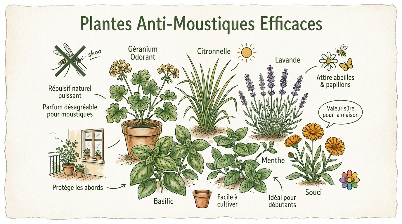Sélection de plantes aromatiques répulsives contre les moustiques sur un balcon