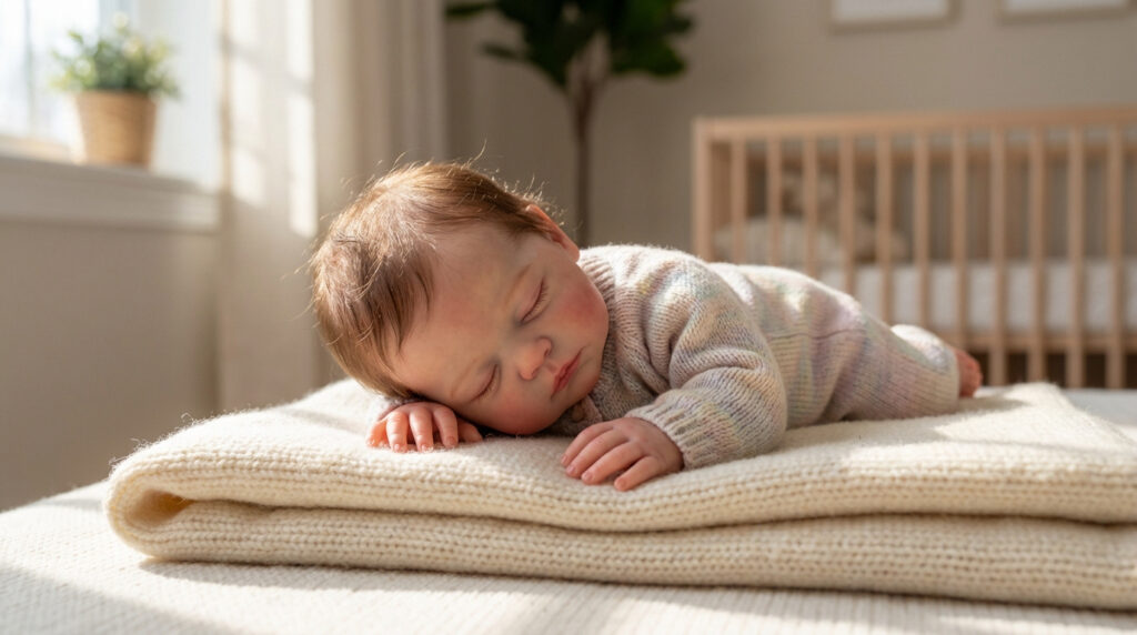 Poupée bébé reborn réaliste aux yeux fermés, vêtue d'une tenue tricotée, dormant paisiblement sur une couverture crème.