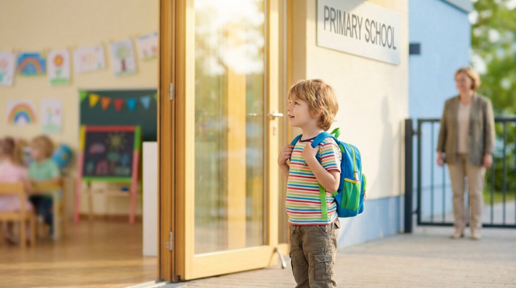 Jeune enfant blond avec un sac à dos bleu devant l'entrée d'une école primaire, l'air émerveillé.
