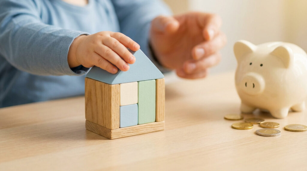 Mains d'enfant construisant une maison en blocs de bois, avec une tirelire et des pièces. Un adulte veille à l'arrière-plan.