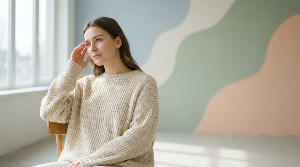 Jeune femme aux cheveux bruns, vêtue d'un pull beige, assise et pensive, la main sur la tempe, devant un mur abstrait.