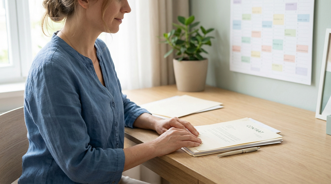 Femme assise à un bureau, les mains posées sur des documents dont un "CONTRAT", l'air concentré. Fond de bureau clair avec calendrier.
