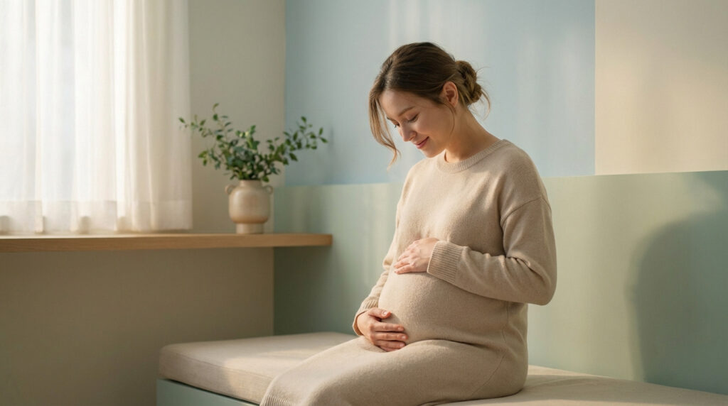Femme enceinte souriante en robe beige, les mains posées sur son ventre arrondi. Elle est assise dans une pièce lumineuse.