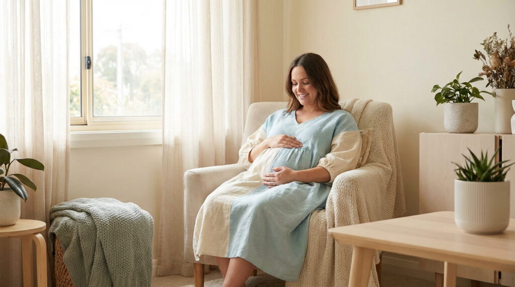 Une femme enceinte souriante est assise dans un fauteuil clair, caressant son ventre. Lumière naturelle, plantes et ambiance calme.