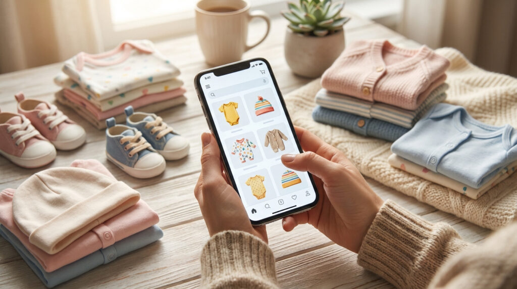 Mains sur smartphone affichant app de vente de vêtements bébé, entourées de piles de bodys, pulls et chaussures sur table en bois clair.