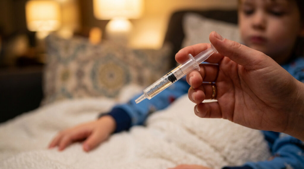 Main adulte tenant une pipette orale graduée remplie de Doliprane liquide, prête à administrer à un enfant alité en arrière-plan flou.