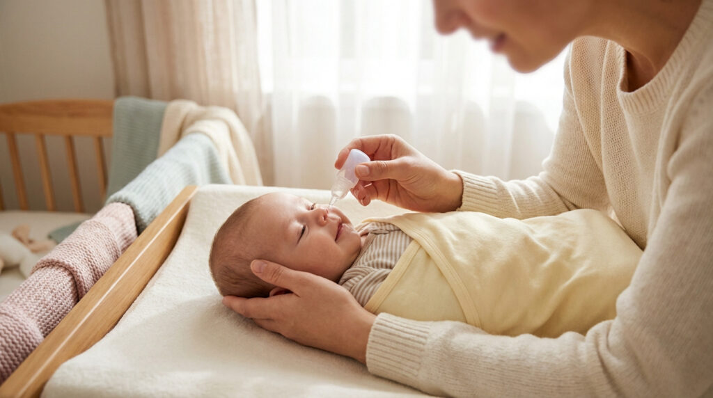 Une mère administre du sérum physiologique dans le nez de son bébé apaisé, allongé sur une table à langer éclairée.