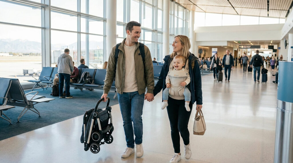 Une famille souriante marche dans un terminal d'aéroport lumineux. La femme porte un bébé en porte-bébé, l'homme tient une poussette pliée.