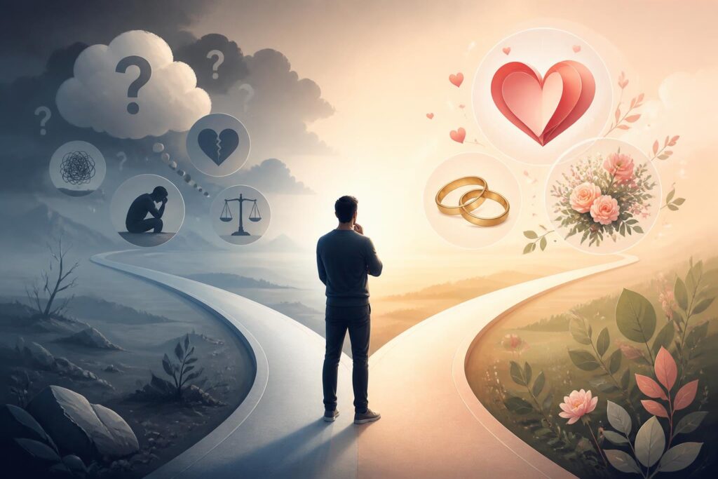 découvrez le témoignage poignant d'une personne hésitant à franchir le pas du mariage et explorez ses doutes et ses espoirs.