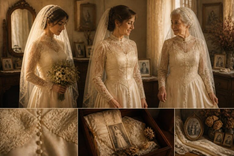 découvrez l'histoire émouvante d'une robe de mariée vintage, portée avec amour et transmission à travers plusieurs générations, symbole d'élégance et de souvenirs précieux.