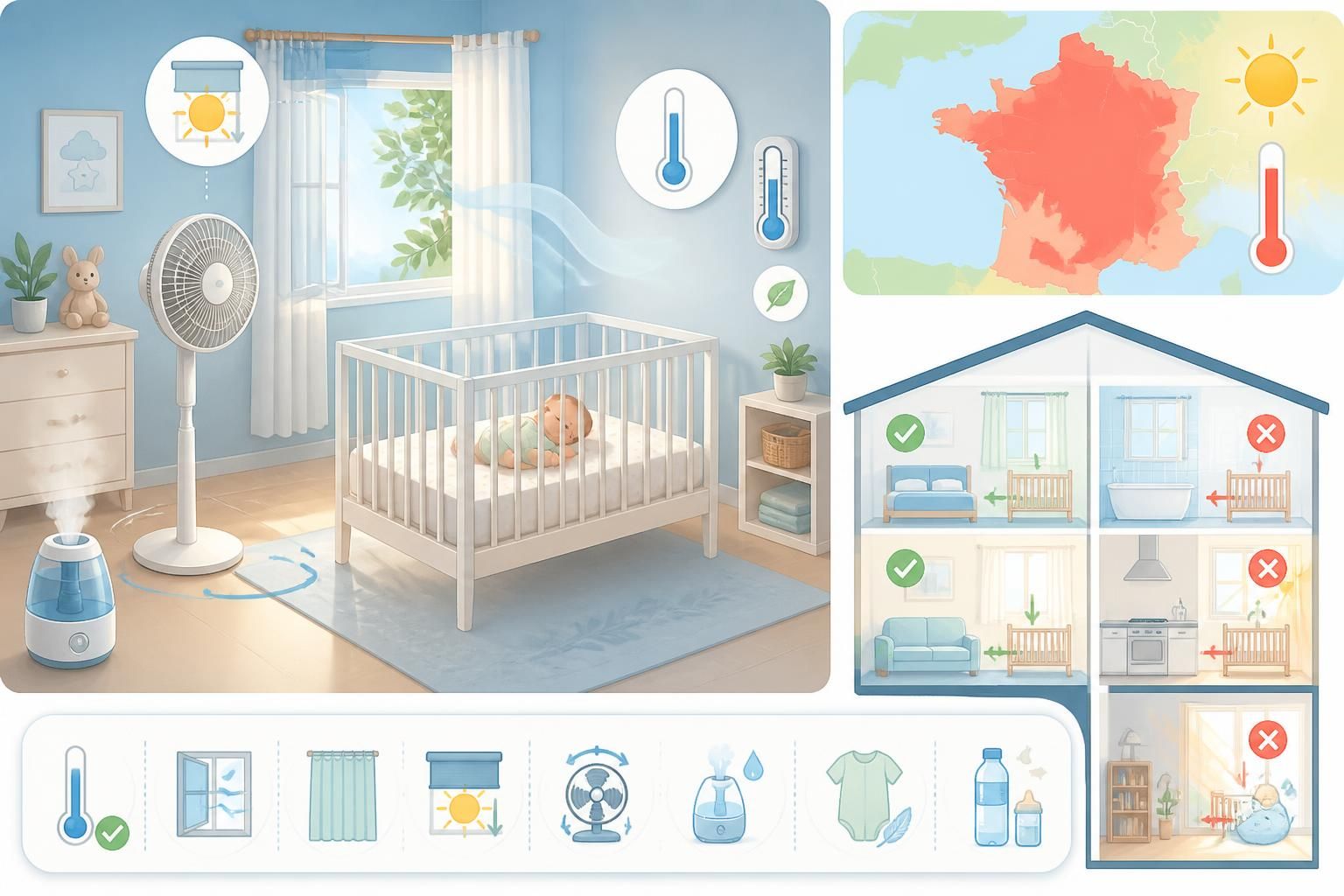 découvrez comment protéger votre bébé de la chaleur lors des épisodes de canicule : conseils pour choisir le meilleur endroit où faire dormir votre nourrisson et astuces pour rafraîchir sa chambre en toute sécurité.