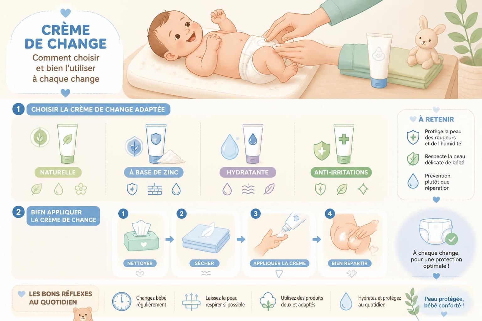 découvrez comment choisir la crème de change idéale et apprendre à bien l'appliquer à chaque change pour protéger la peau de votre bébé efficacement.
