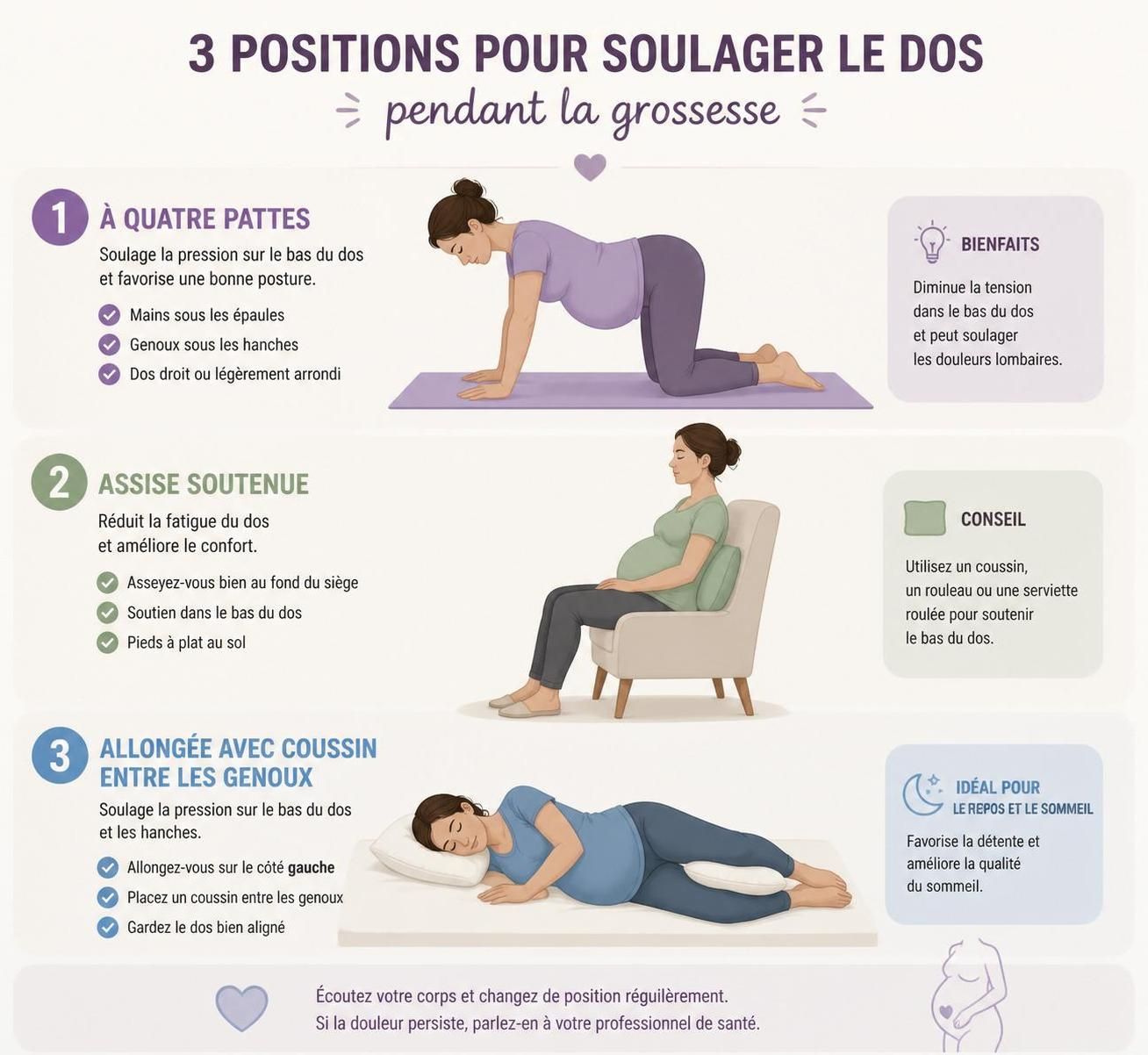 découvrez des conseils pour soulager les douleurs dorsales pendant la grossesse grâce à des positions de sommeil adaptées et des exercices recommandés par des sages-femmes.