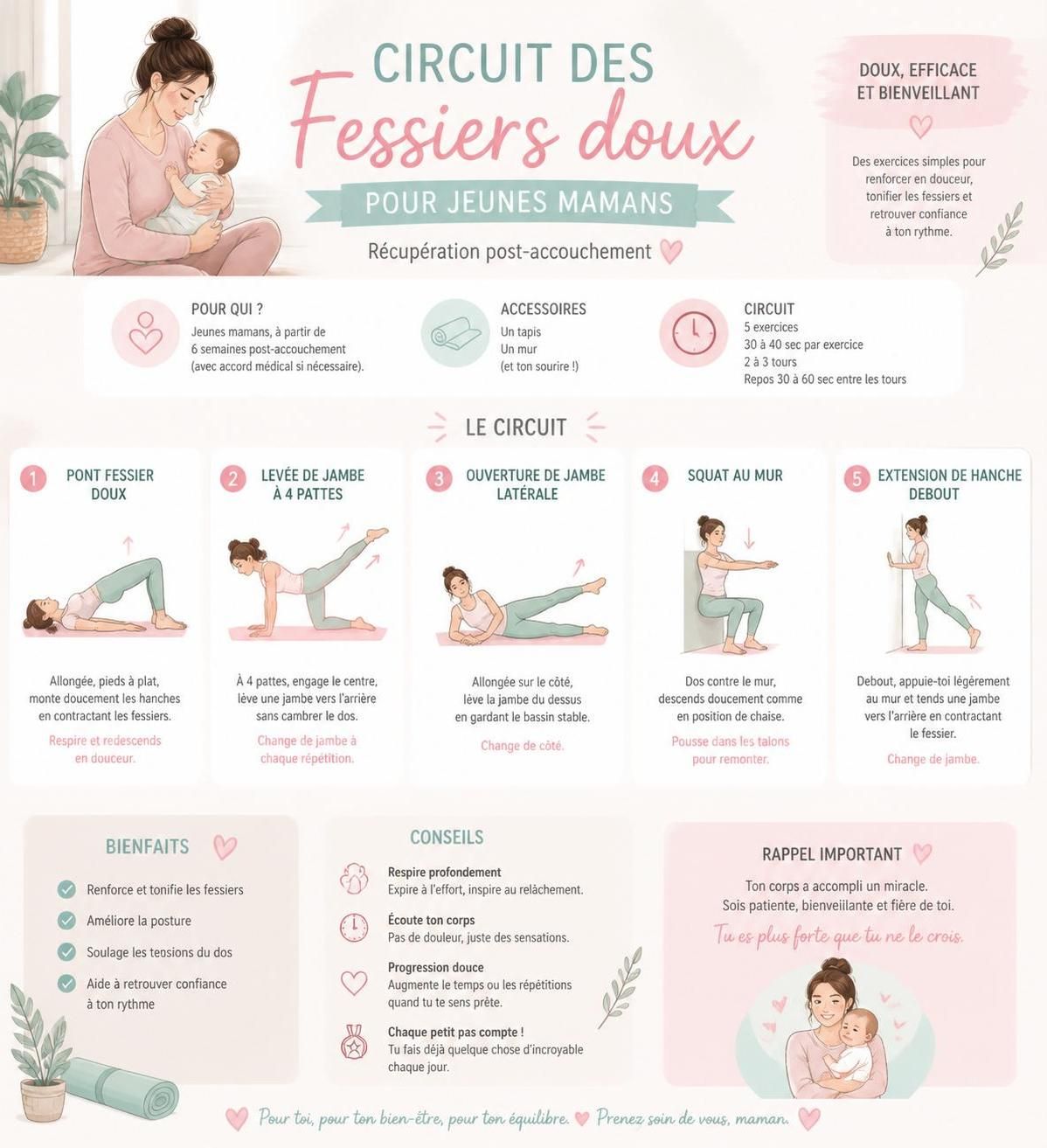 découvrez 5 exercices fessiers doux adaptés aprÚs l'accouchement pour renforcer vos muscles en douceur et retrouver confiance en vous progressivement.