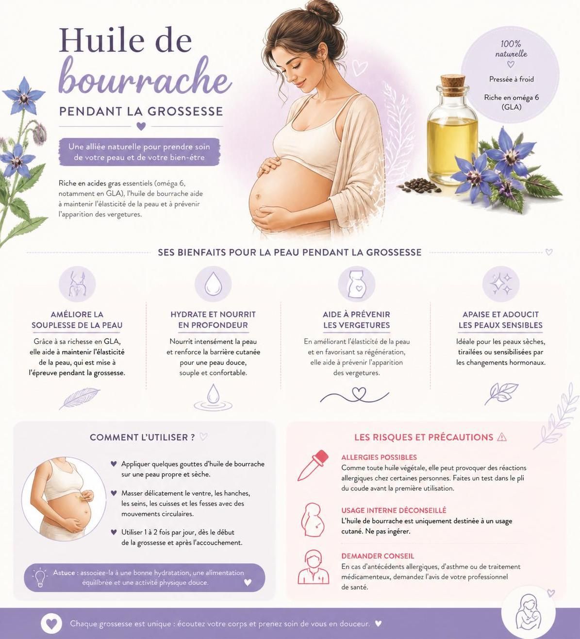 découvrez les bienfaits de l'huile de bourrache pendant la grossesse, ses propriétés anti-vergetures et les précautions essentielles à prendre pour une utilisation sûre.