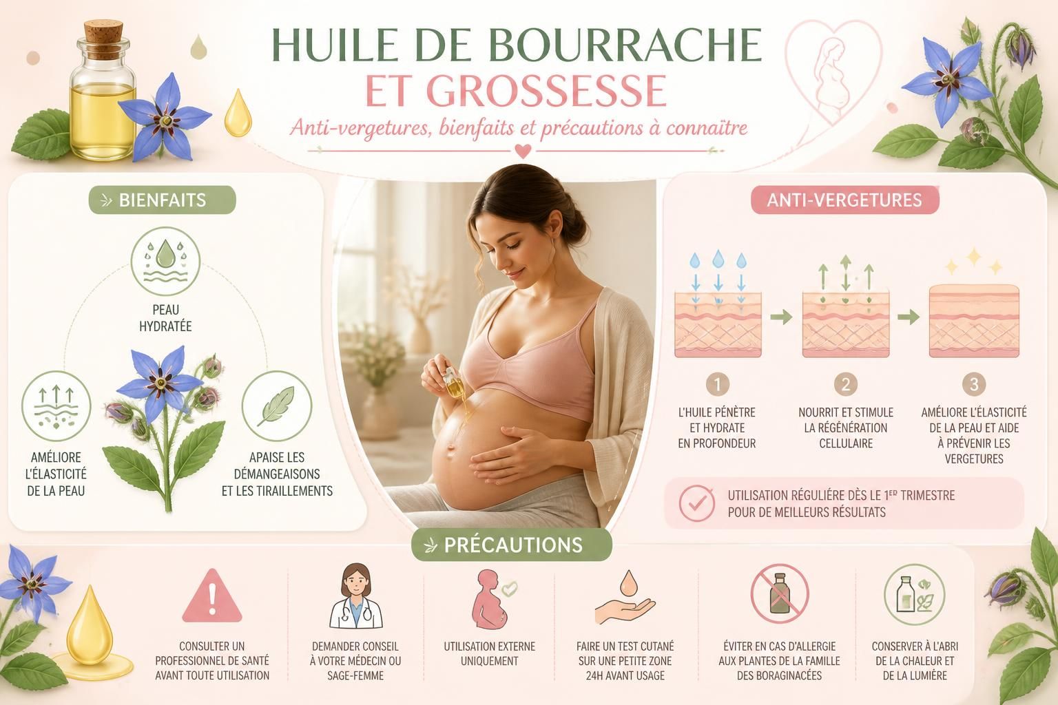 découvrez les bienfaits de l'huile de bourrache pendant la grossesse pour prévenir les vergetures, ses propriétés anti-inflammatoires et les précautions à prendre pour une utilisation sûre.