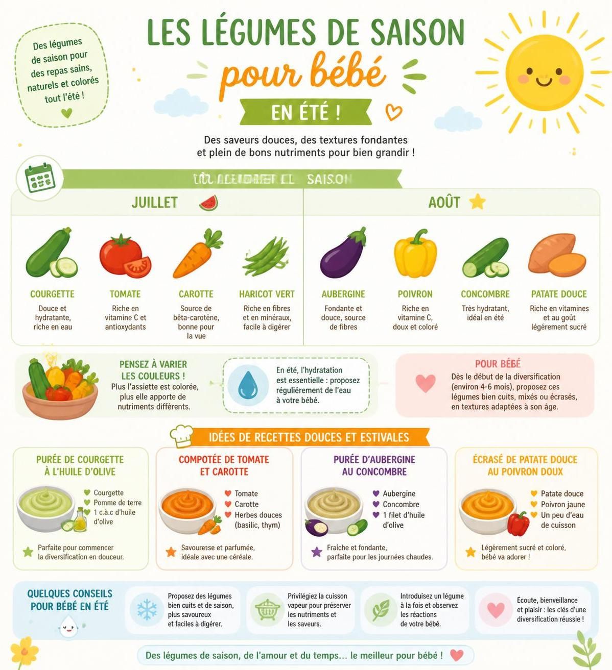 découvrez le calendrier des légumes de saison pour bébé en juillet et août afin de réussir la diversification alimentaire cet été avec des produits frais et adaptés.
