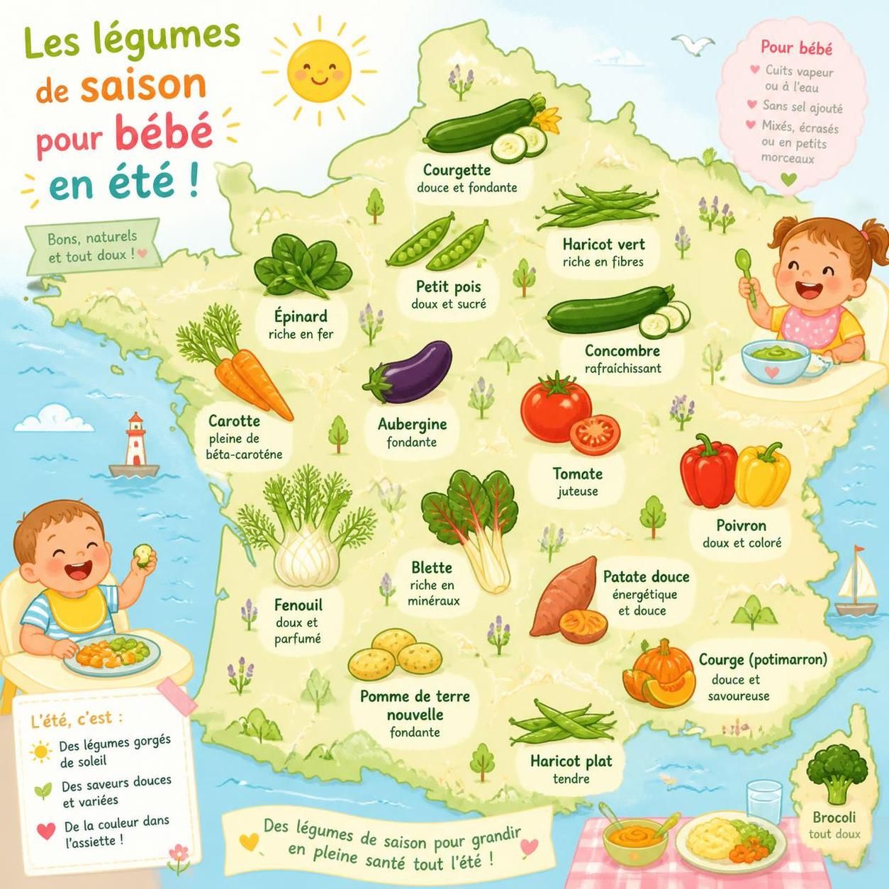 découvrez le calendrier des légumes de saison pour bébé en juillet-août et réussissez la diversification alimentaire de votre enfant cet été avec des conseils pratiques et des recettes adaptées.