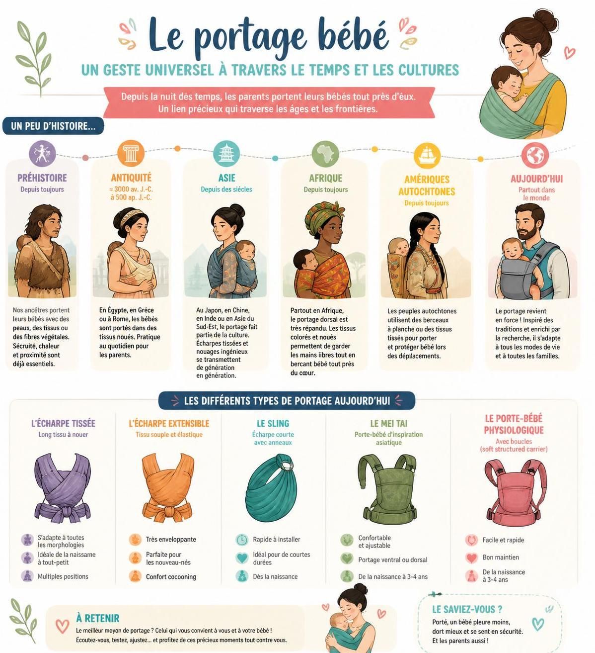 découvrez les avantages du portage bébé, les différents types d'écharpes disponibles, et nos conseils pour bien commencer cette pratique pour un lien renforcé et un confort optimal.