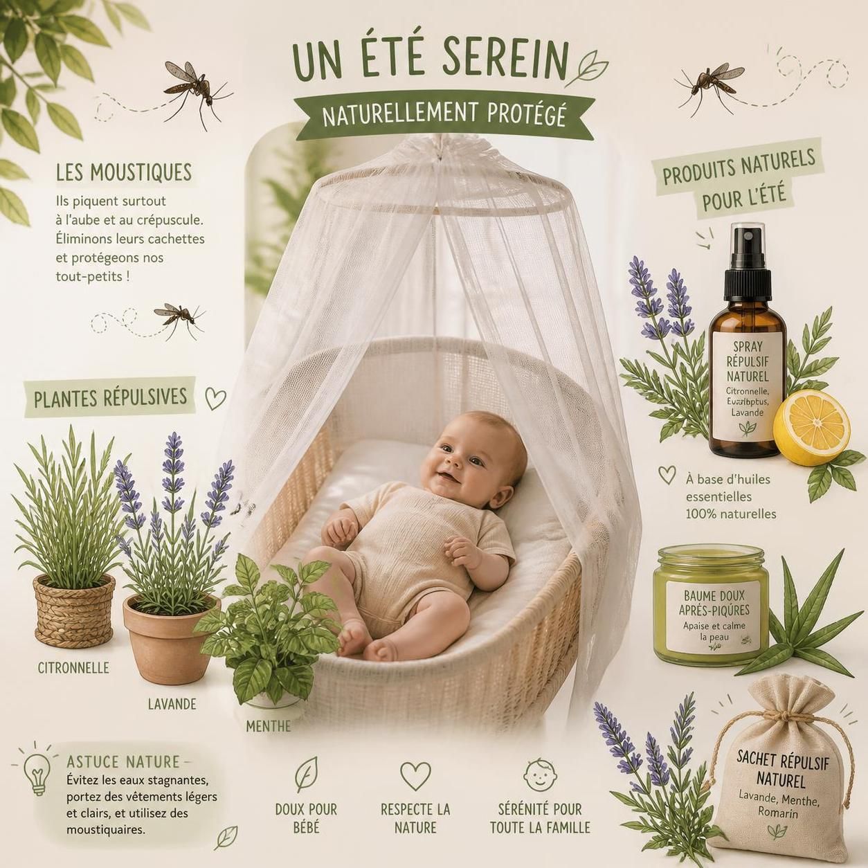 découvrez comment protéger votre bébé des insectes en été avec des répulsifs sûrs et adaptés aux nourrissons, et apprenez les gestes essentiels à adopter en cas de piqûre.
