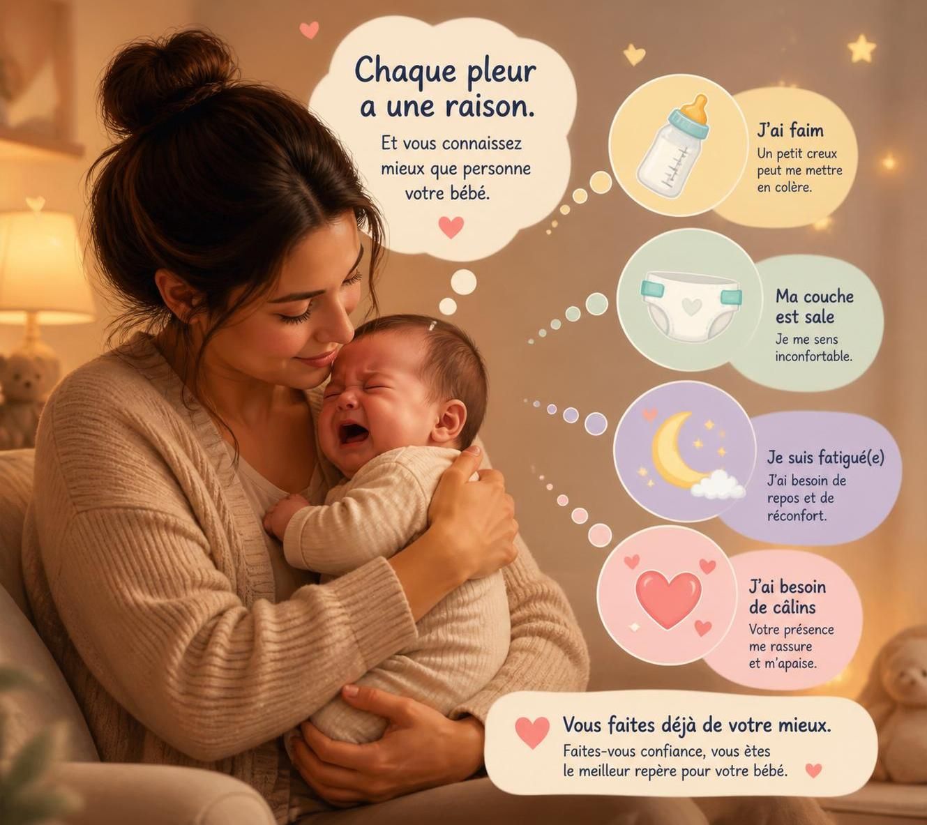 découvrez comment décoder les pleurs de votre bébé en fonction de l'heure et du type de cri pour mieux comprendre ses besoins, même lorsqu'il semble pleurer sans raison apparente.