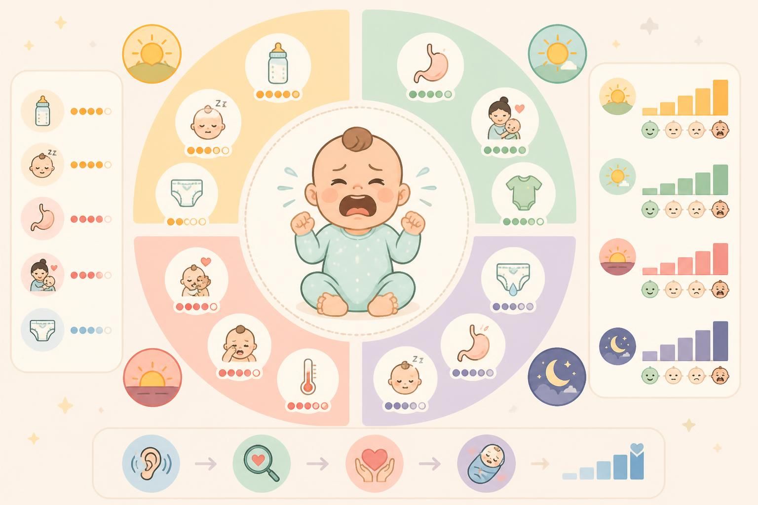 découvrez comment décoder les pleurs de votre bébé sans raison apparente en analysant leur type et l'heure à laquelle ils surviennent pour mieux comprendre ses besoins.