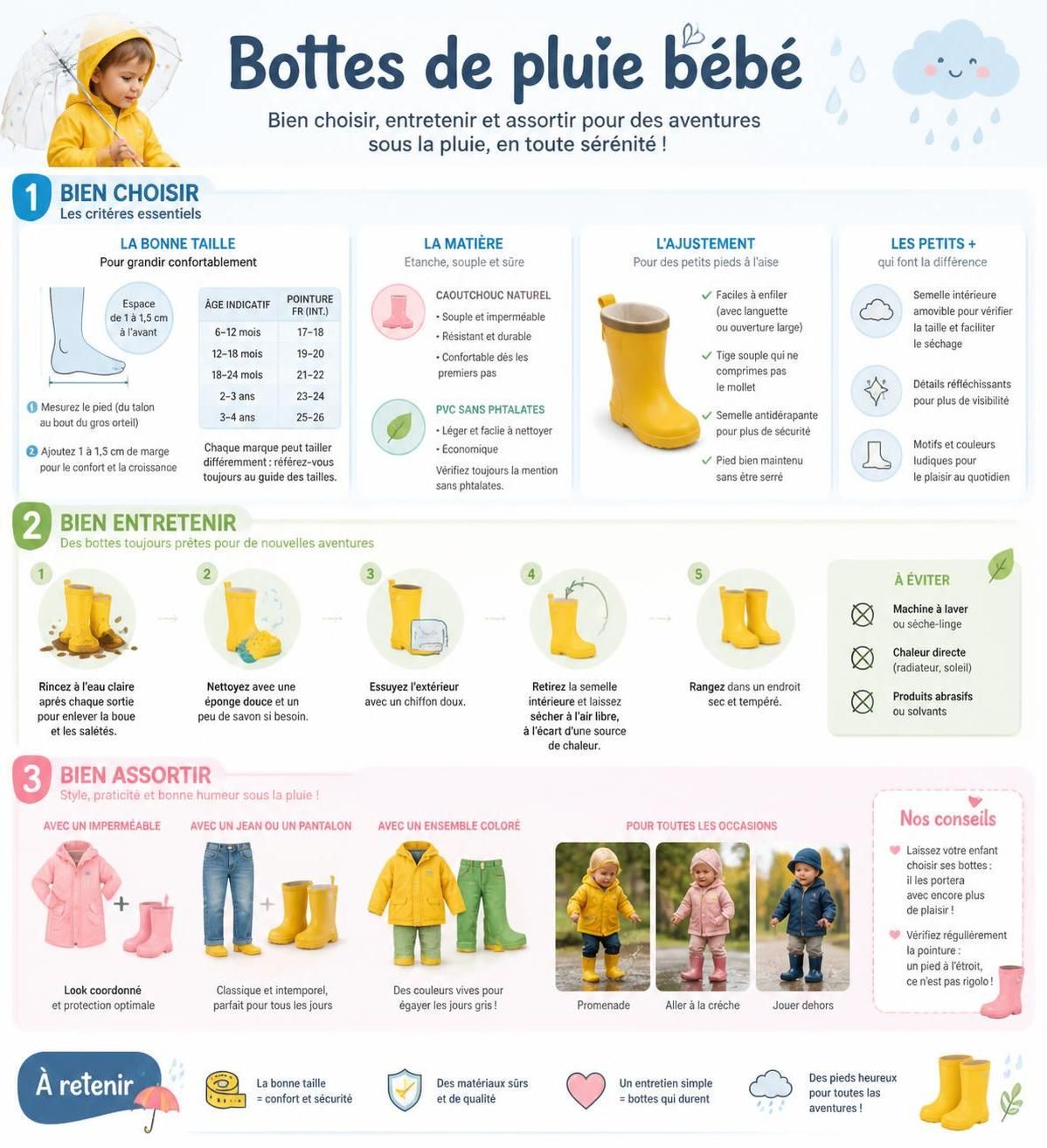 découvrez nos conseils pour bien choisir les bottes de pluie pour bébé : taille adaptée, matières confortables et choix parfait pour ses premières marches.