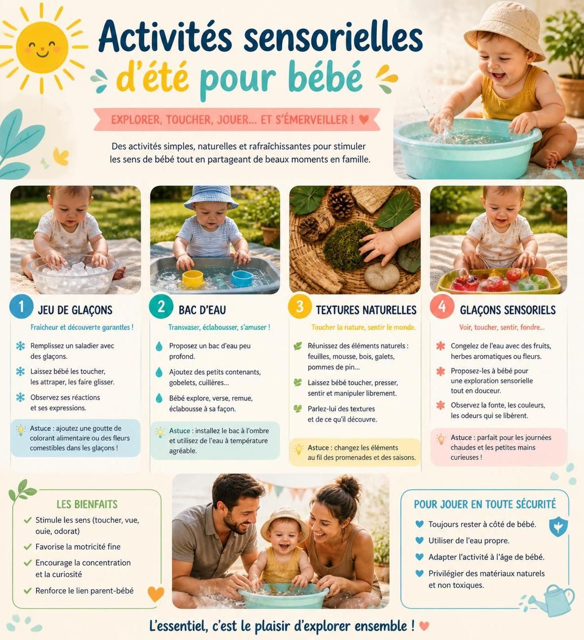 découvrez des idées d'activités fraîches et stimulantes pour passer un été agréable à la maison avec votre bébé de 0 à 18 mois. moments ludiques et doux pour toute la famille.