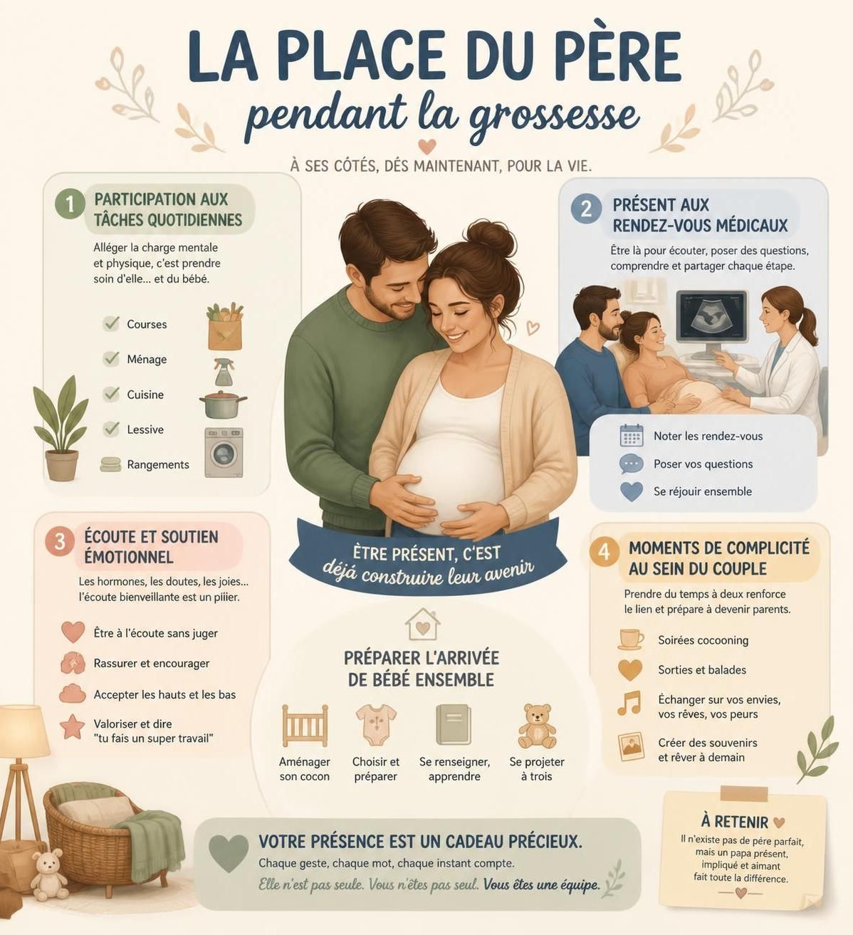 dĂ©couvrez le rĂŽle essentiel du pĂšre pendant la grossesse et aprĂšs la naissance avec 8 conseils pratiques pour ĂȘtre un soutien vraiment prĂ©sent et engagĂ© auprĂšs de la future maman et du bĂ©bĂ©.