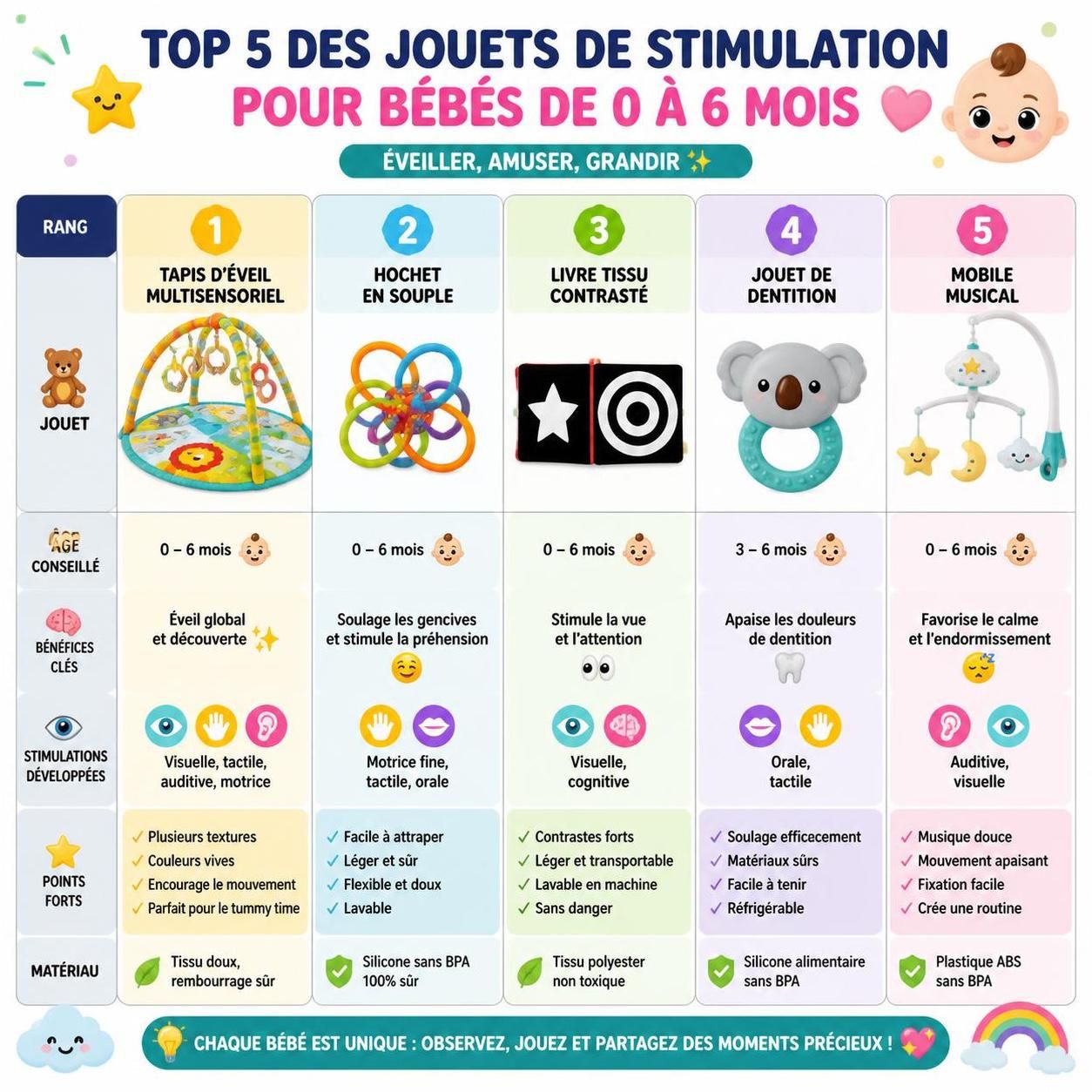découvrez quels premiers jouets stimulent vraiment le développement de votre bébé de 0 à 6 mois pour favoriser ses sens, sa motricité et son éveil.