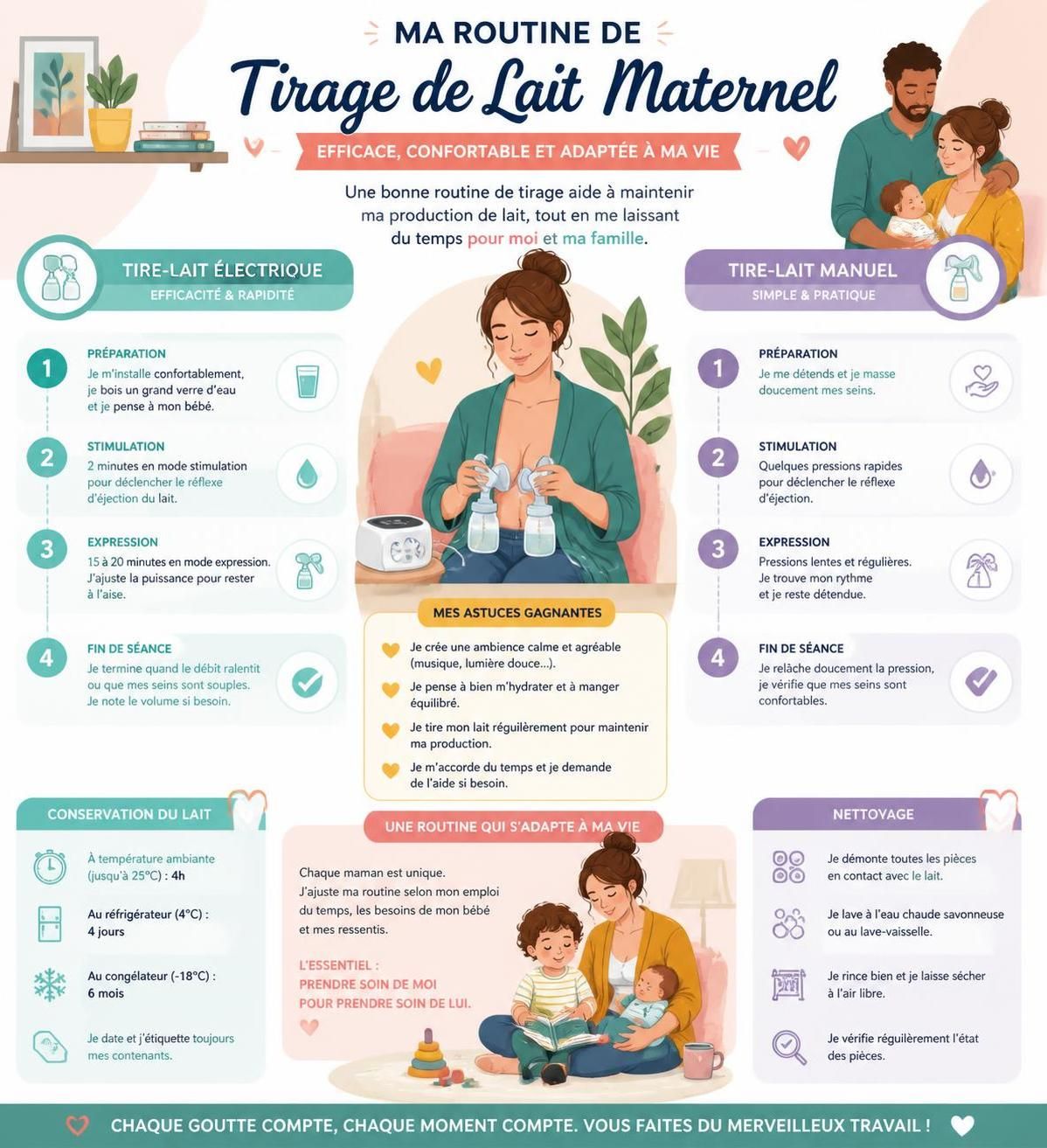 découvrez comment choisir entre un tire-lait électrique ou manuel et créez une routine de tirage efficace pour un allaitement confortable et réussi.