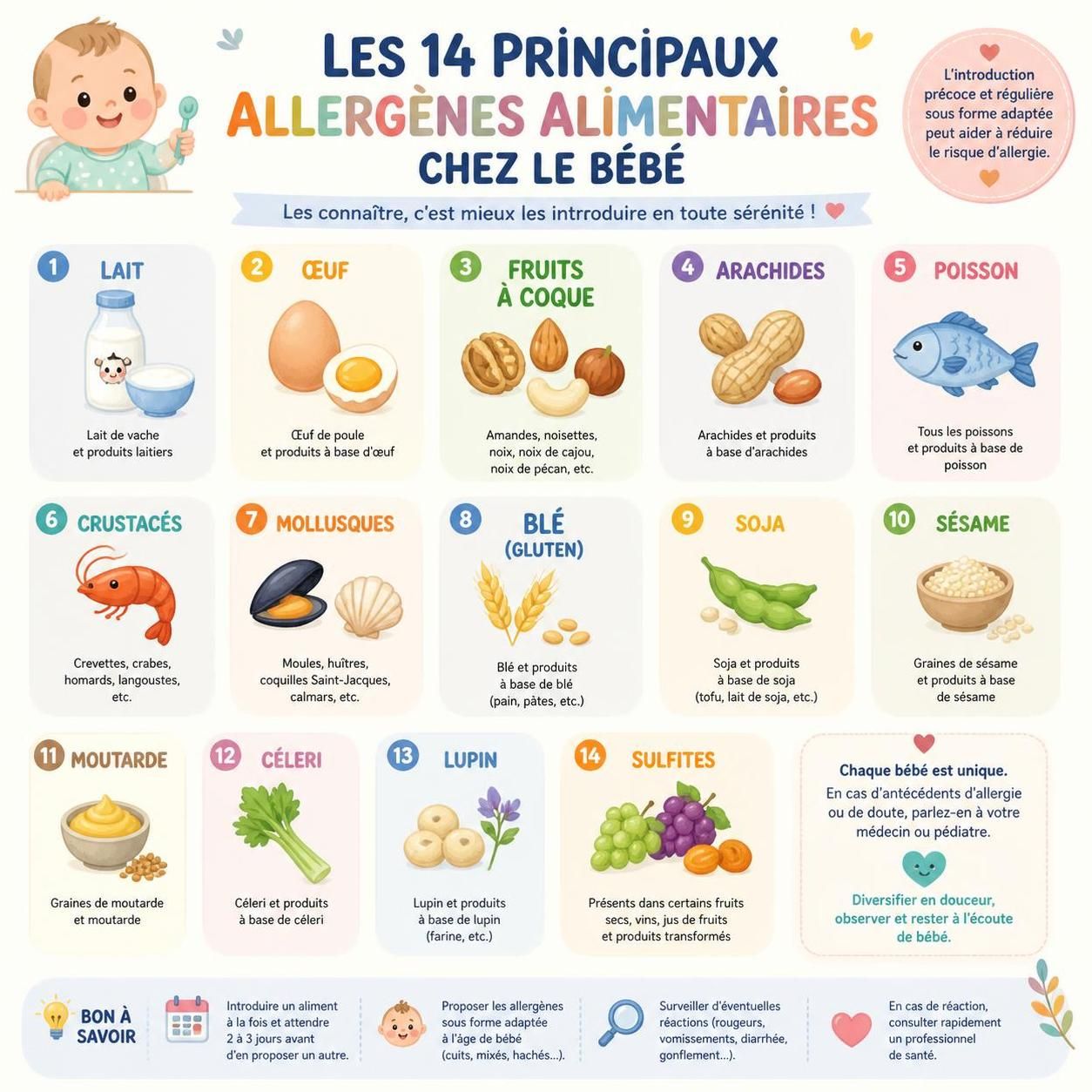 découvrez les 14 allergènes alimentaires courants chez bébé, comment les introduire en toute sécurité et les précautions à prendre en cas de réaction allergique pour protéger la santé de votre enfant.