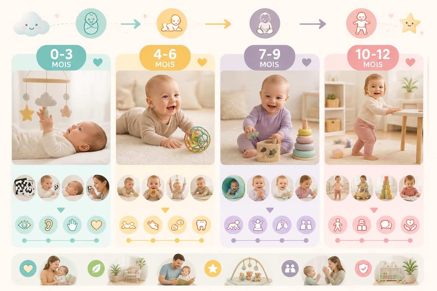 découvrez les étapes clés de l'éveil de bébé de 0 à 12 mois et trouvez des activités adaptées à chaque ùge pour stimuler son développement et favoriser son apprentissage.
