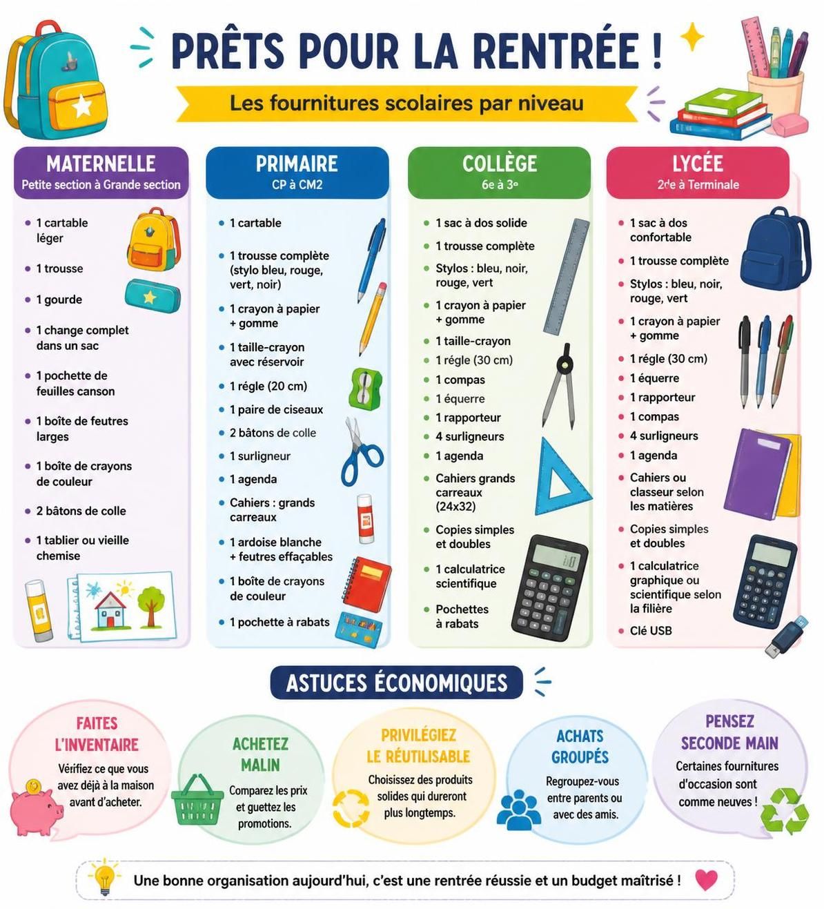 découvrez la liste complète des fournitures scolaires essentielles pour la rentrée 2026, organisée par niveau, pour bien préparer l'année sans dépenser une fortune.