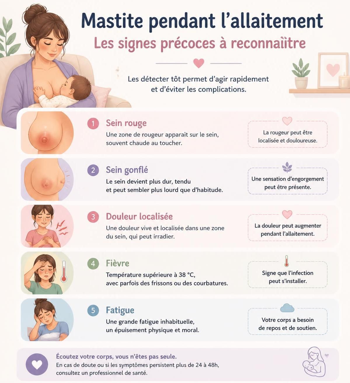 découvrez comment reconnaître une mastite pendant l'allaitement, ses symptômes, et les signes nécessitant une consultation médicale en urgence pour protéger votre santé et celle de votre bébé.