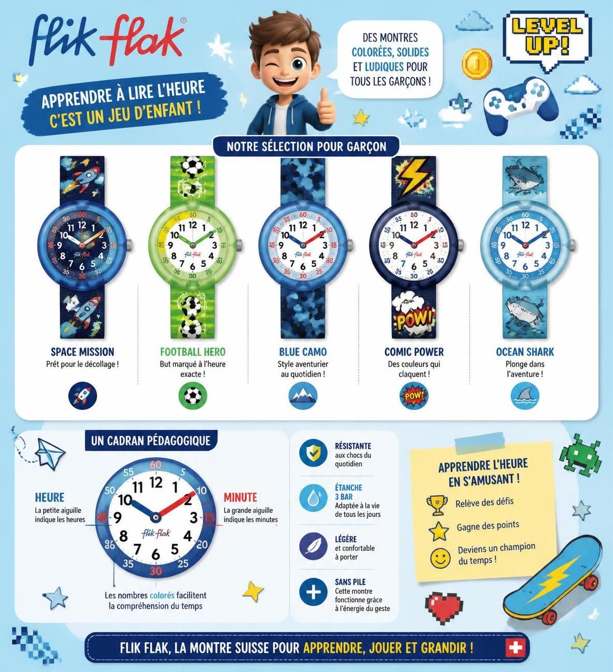 découvrez notre comparatif des montres flik flak pour garçon, idéales pour apprendre l'heure en s'amusant grâce à des modèles ludiques et éducatifs.