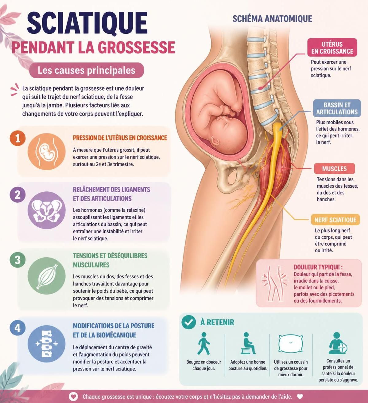 découvrez pourquoi le nerf sciatique est comprimé pendant la grossesse et apprenez les gestes simples pour soulager la douleur naturellement, sans médicament.
