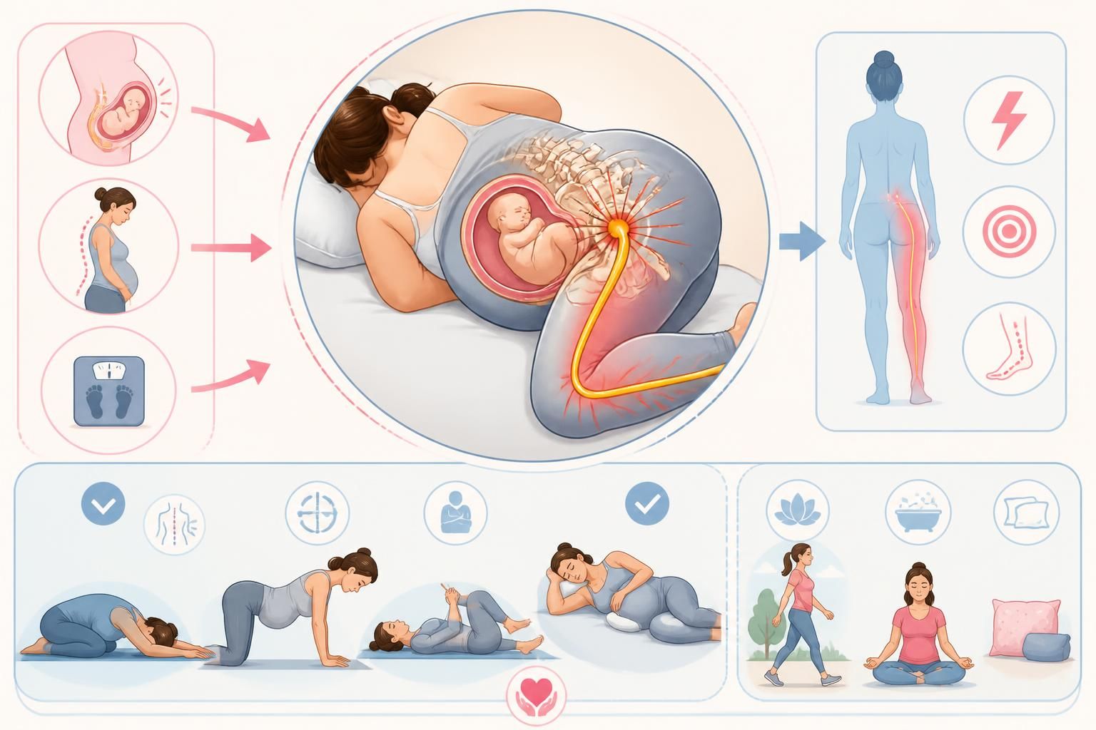 découvrez pourquoi la grossesse peut provoquer une pression sur le nerf sciatique et apprenez des gestes simples pour soulager la douleur sans utiliser de médicaments.